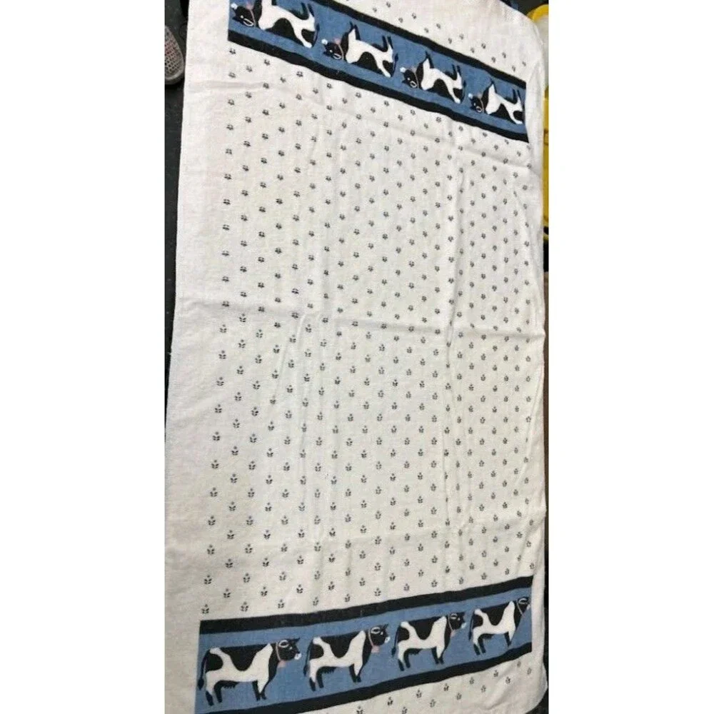 2 Vintage Fieldcrest Cow Bath Towels Made in USA 100% Cotton Holstein Blue White